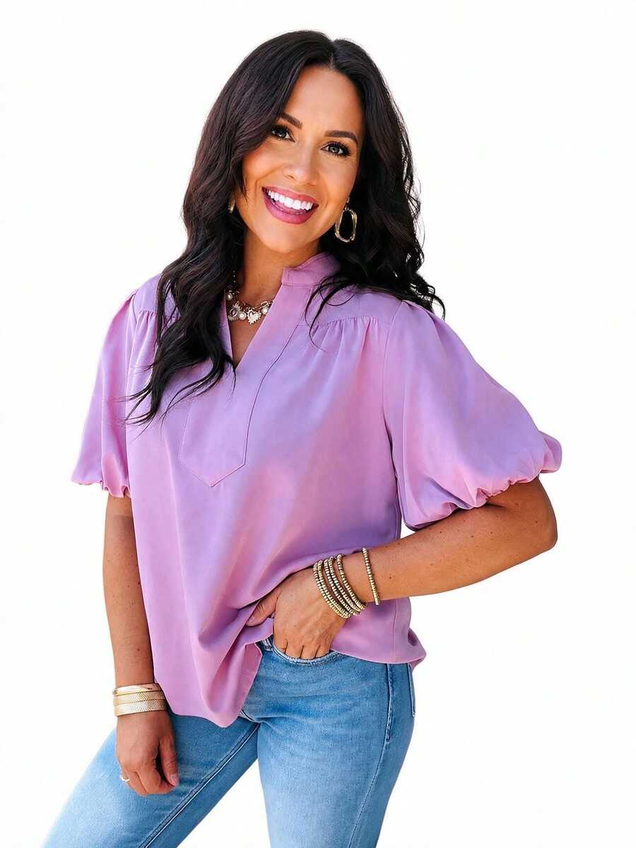 Acelitt Orchid V-Neck Puff Sleeve Casual Shirt For Summer - Mauve Purple - View 1