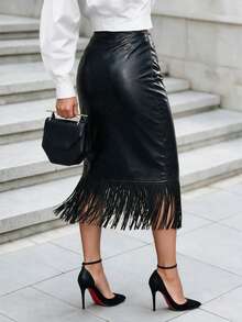 Women's Solid Color Tassel Hem Elegant Fashion Skirt - Black - View 6