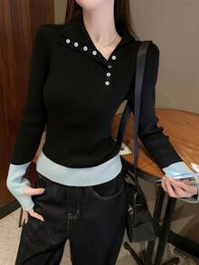 Women's Contrast Button Knit Sweater Black Long Sleeve Design Base Layer Top - Black - View 3
