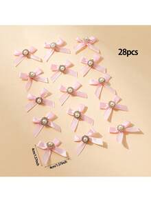 Elegant Pink Satin Small Bows With Pearl Rhinestone Embellishment, 4cm Handmade Bow Appliques For Birthday Cake Topper, Gift Box, Baby Shower, Crafts Sewing Decoration, Pack Of 28 - Multiple Styles - View 6