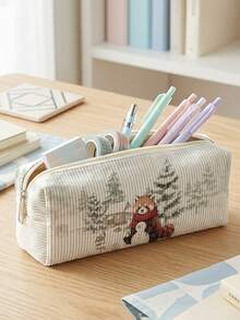1pc Christmas Snowfield & Animals Print Corduroy Kids Pencil Case,Zipper Large Capacity Stationery Storage Pouch For Student School Daily Study - Multicolor - View 1