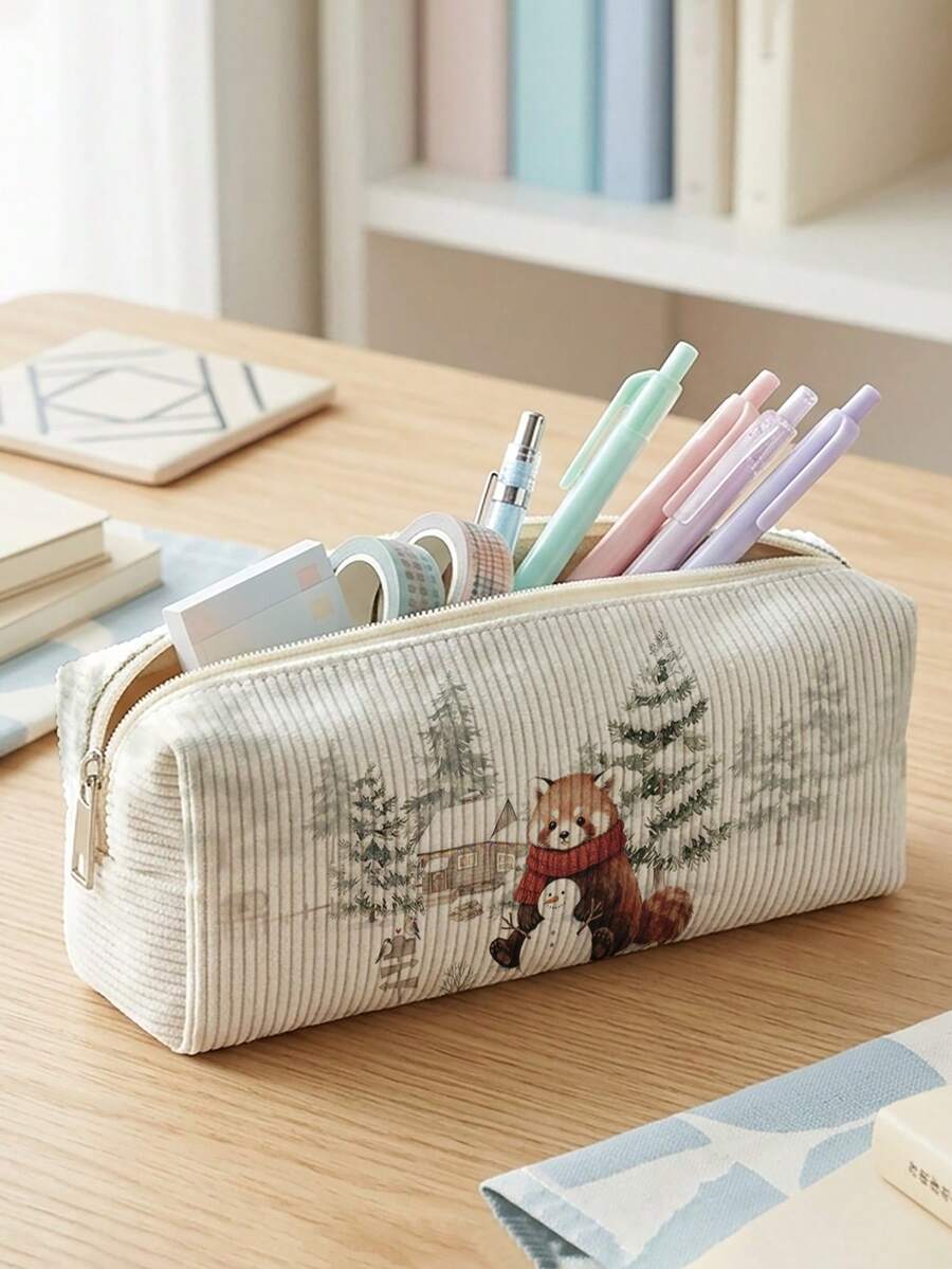 1pc Christmas Snowfield & Animals Print Corduroy Kids Pencil Case,Zipper Large Capacity Stationery Storage Pouch For Student School Daily Study - Multicolor - View 1