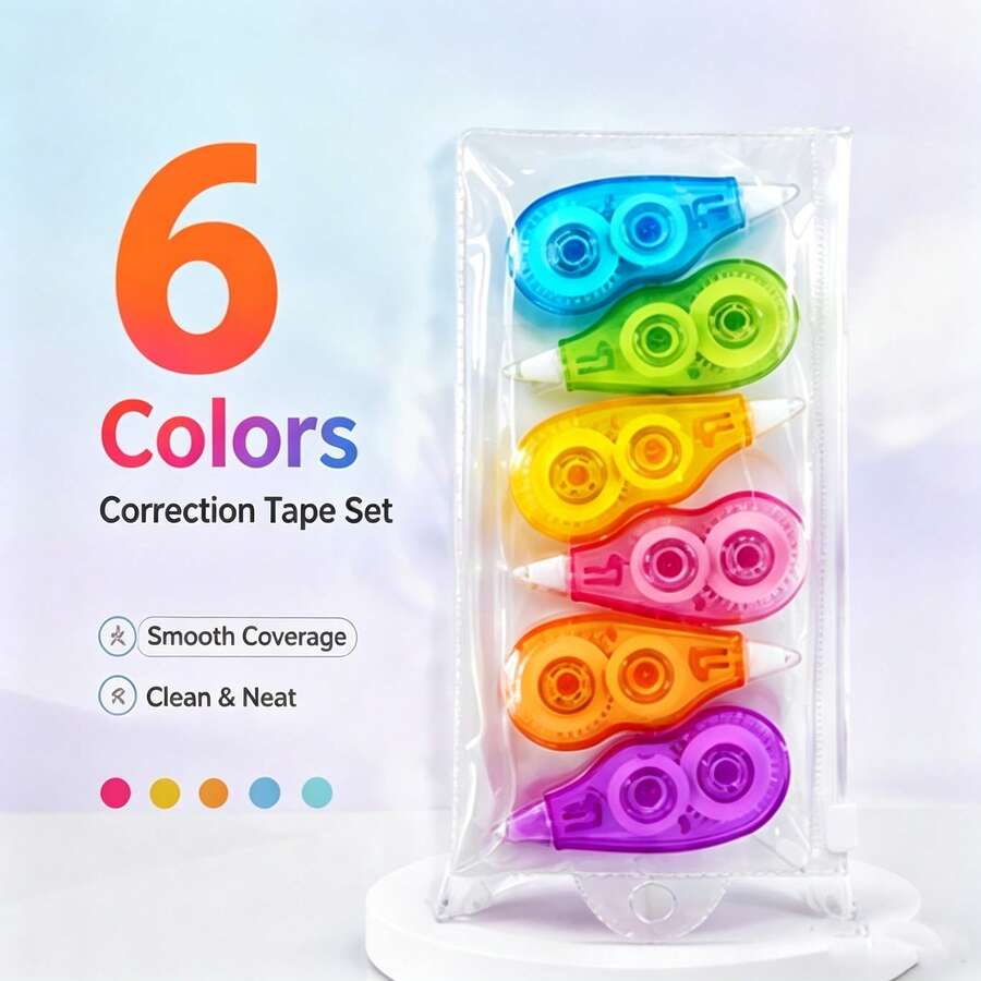 6pcs Correction Tape Set, Quick-Dry & Smooth Cover Up, Cute Transparent Retractable -Out Tape, Portable For School, Office, Daily Use - Multiple Styles - View 1