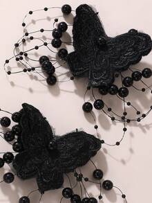 1 Pair Girls Black Lace Butterfly Hair Clips With Pearls And Rhinestones, Fairy Style Hair Accessories For Daily Decoration - Black - View 4