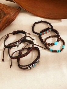1 Set Of Retro Western Denim Style Imitation Turquoise Bull Pendant Leather Bracelet Set For Women's Daily Wear And Holiday Gifts - Multicolor - View 7