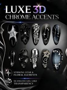 2000s Gothic Black Embossed Nails, 10pcs 3D Silver Star & Swirl Press-On Nails, Reusable DIY Manicure, Punk Style - Black - View 7