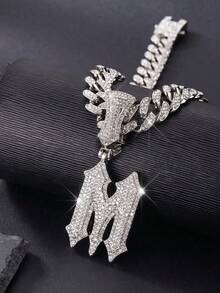 Iced Out Gothic 26 Letter Pendant Cuban Link Chain Necklace, Hip Hop Bling Rhinestone Men's Necklace, Street Party Jewelry Gift - Letter - View 6