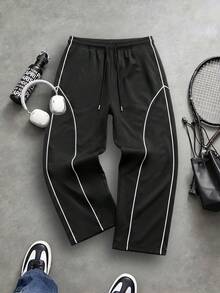 Men's Casual Contrast Side Stripe Long Fashionable Pants, Versatile Sports Trousers For Spring And Autumn,Unisex Style,Drawstring Waist Streetwear - Black - View 1