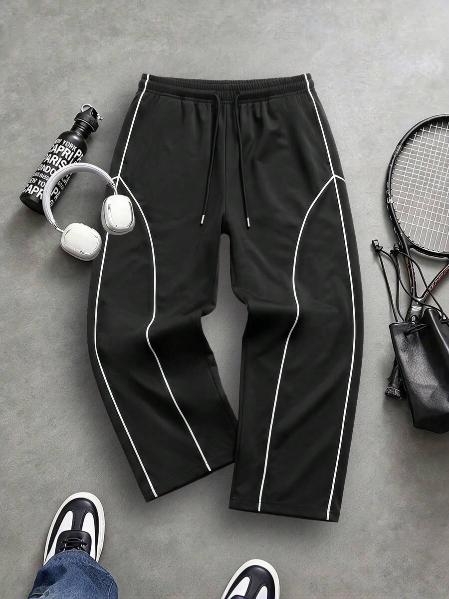 Men's Casual Contrast Side Stripe Long Fashionable Pants, Versatile Sports Trousers For Spring And Autumn,Unisex Style,Drawstring Waist Streetwear - Black - View 1
