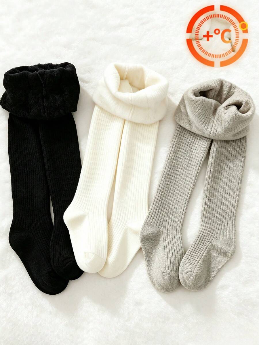 3/1 Pack Girls Toddler Ribbed Thermal Lined Tights, Classic Black/White/Gray, Soft & Comfortable, Fashionable & Versatile Leggings, Suitable For Toddler Autumn/Winter Daily Wear & Holidays - Multicolor - View 1