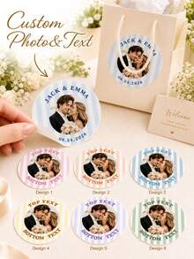 11/20/40pc Personalized Custom Round Photo Text Sticker,Custom Names Date,Wedding Gift,Bride Groom Couples,Favor Bags,Gift Boxes Envelope Decoration - Multicolor - View 2