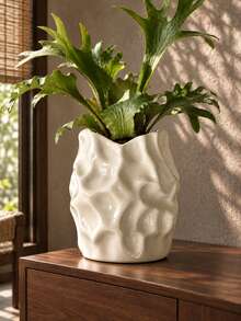 1pc Artistic Textured Planter, Glossy Sculptural Indoor Plant Pot, Home Decor & Housewarming Gift - A - View 1