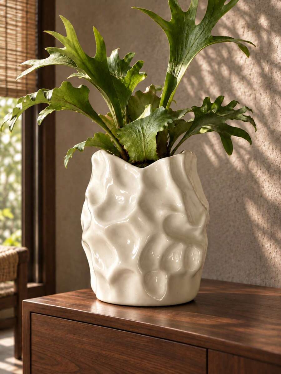 1pc Artistic Textured Planter, Glossy Sculptural Indoor Plant Pot, Home Decor & Housewarming Gift - A - View 1