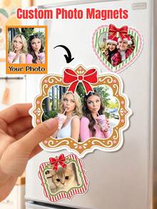 Custom Photo Fridge Magnet,Christmas Bow Plaid Frame Personalized Picture Refrigerator MagnetDecorative Magnetic StickerVivid Print Strong Magnet For Kitchen Locker Office Cabinet,Xmas Holiday Home Decoration,Customized Family Pet Photo Keepsake Gift - Multicolor - View 1