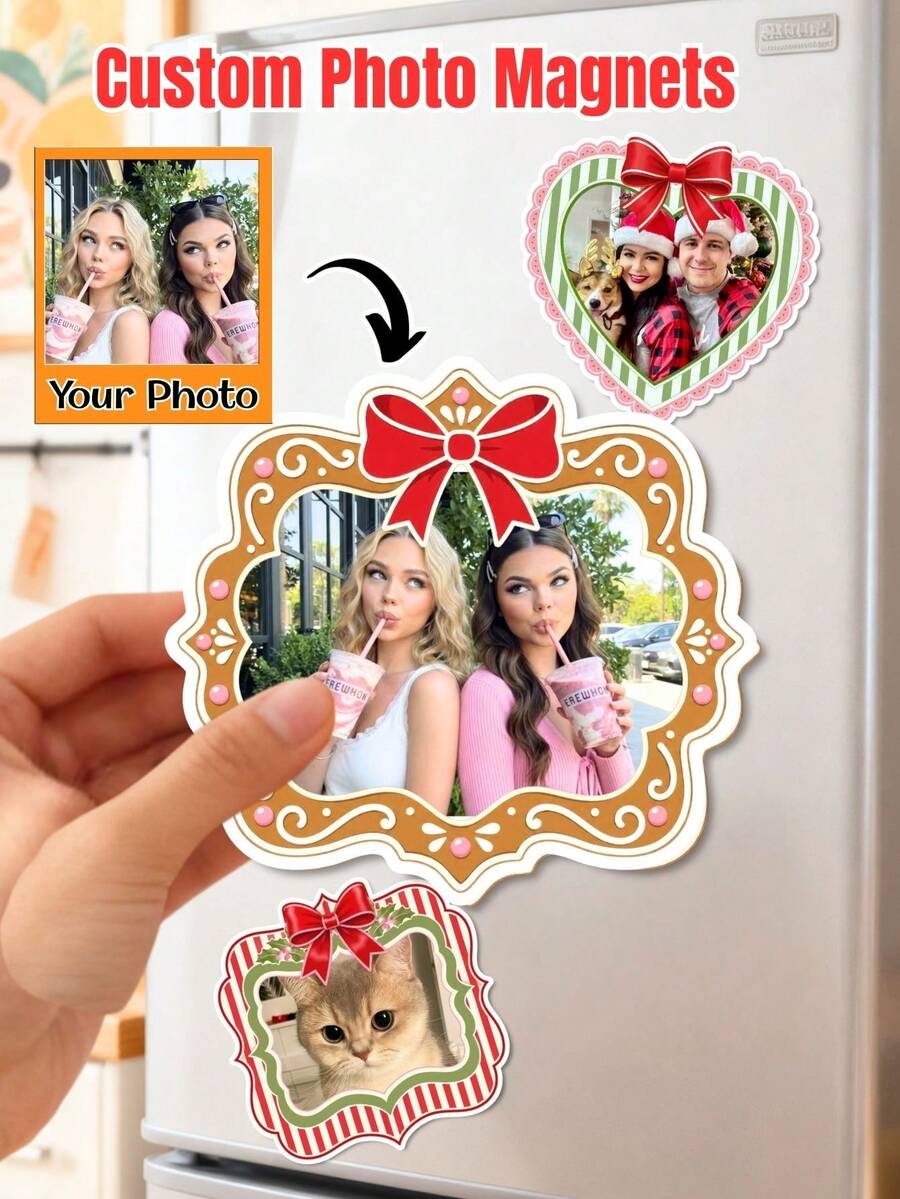 Custom Photo Fridge Magnet,Christmas Bow Plaid Frame Personalized Picture Refrigerator MagnetDecorative Magnetic StickerVivid Print Strong Magnet For Kitchen Locker Office Cabinet,Xmas Holiday Home Decoration,Customized Family Pet Photo Keepsake Gift - Multicolor - View 1