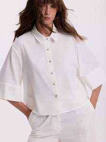 Women's Autumn Turn-Down Collar Short Loose Fit 3/4 Sleeve Blouse - White - View 1