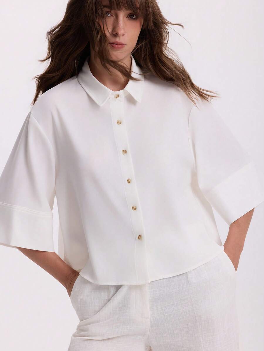 Women's Autumn Turn-Down Collar Short Loose Fit 3/4 Sleeve Blouse - White - View 1
