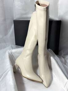 Women's High Heel Long Boots, Autumn/Winter New Suede Elastic Slim Fit Pointed Toe Chunky Heel Knee-High Sock Boots - White - View 6