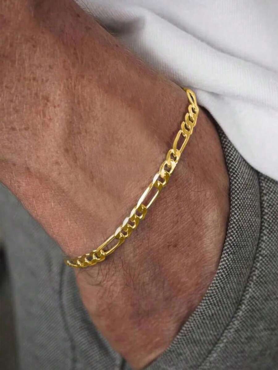 1pc Fashion Men's Stainless Steel 18K Gold Plated Chain Bracelet, Daily Personalized All-Match Versatile Accessory Gift - Yellow Gold - View 1