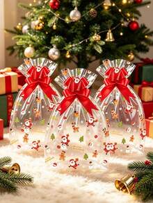 10pcs Christmas Snowflake Transparent Drawstring Gift Bags, Empty Packaging Bags With Red Decorative Bows, Christmas Party Gift Packaging Bags - Multicolor - View 3