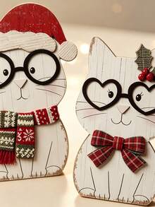 1pc Wooden Desktop Decoration, Freestanding Rustic Christmas Cat Figurine, Suitable For Mantel, Shelf, Dining Room, Home Christmas Seasonal Craft Decor Gift - Multicolor - View 4