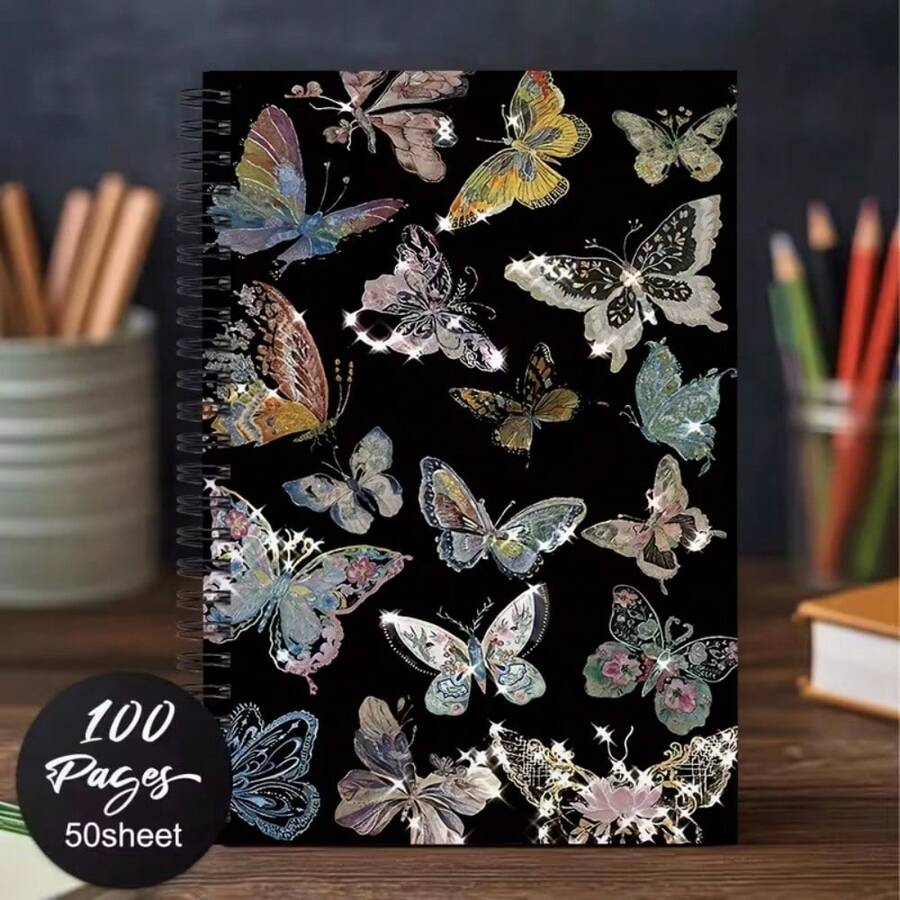 1pc, 2D Flat, A Spiral-Bound Ruled Notebook With A Butterfly-Themed Cover - Ruled Interior Pages, Portable Diary, A5 Size, Suitable For Travel, Gifting, Minimalist Journaling And Planning, Ideal For Students And Office Workers, Butterfly Design - One Book (50 Pages, 100 Pages) - View 1