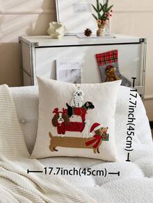 1pc Christmas Dog Gift Box Embroidered Pillow Case, Suitable For Indoor Decoration, Christmas Decor, All Season Pillow Cover, Without Insert - Multicolor - View 4