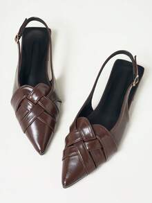 Women's Pointed Toe Woven Hollow Back Strap Flat Sandals, Solid Color Fashion Cutout Outdoor - Coffee Brown - View 4