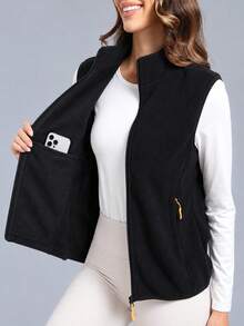 Women's Fleece Vest, Polar Soft Fleece, Sleeveless Classic Fit, Zipper Pockets, Winter Jacket, Front Zipper Vest, Solid Color Stand Collar, Autumn/Winter Style - Black - View 4