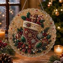 Christmas Pearl Diamond Painting Suncatcher Set, DIY Handmade | Pre-Assembled Metal Chain, Acrylic Round Plate With Lace Edge, 3D Mixed Size Pearl Beads, Holiday Window & Wall Decor - A - View 12