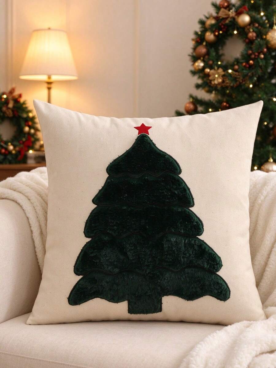 Miater 1件/2件裝聖誕樹小鎮房屋刺繡枕套 米色聖誕樹刺繡靠墊套 節日居家沙發裝飾枕套(不含枕芯) - 綠色 - 查看 1