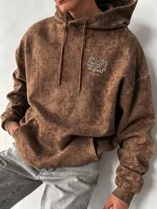 Men's Floral & Letter Print Hoodie, Loose Fit Washed Pullover Sweatshirt - Brown - View 4