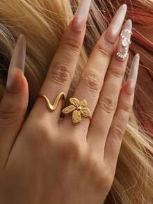 2pcs Set Vintage Gold Flower & Wavy Open Ring Set, Western Style Stainless Steel Stackable Rings, Suitable For Daily, Holiday, Party Or Gift - Floral Geometric Ring - View 5