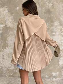 Women's Basic Long Sleeve Woven Shirt, Asymmetric Hem, Classic Collar, Non-Stretch Fabric Top - Khaki - View 1