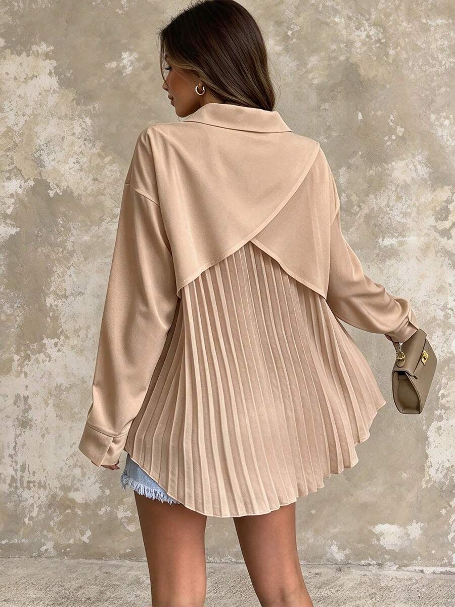 Women's Basic Long Sleeve Woven Shirt, Asymmetric Hem, Classic Collar, Non-Stretch Fabric Top - Khaki - View 1