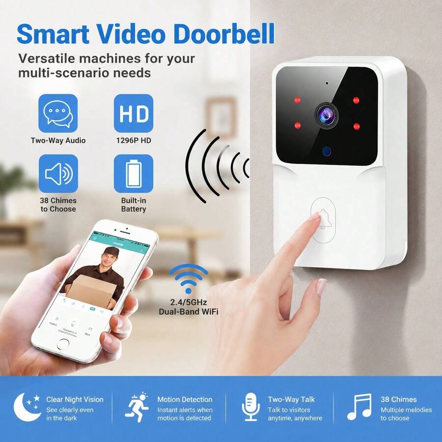 Chuông cửa video không dây thông minh có camera, WiFi 2.4G, nhìn đêm, đàm thoại hai chiều, phát hiện chuyển động, cảnh báo tức thì, lưu trữ đám mây, chuông cửa an ninh trong nhà/ngoài trời - Xem 1