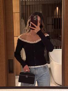 Early Autumn New Arrival Atmospheric Lace Patchwork Off-Shoulder Top, Exposed Shoulder Single-Breasted Elastic Fitted Short Knit Base Layer - Black - View 6