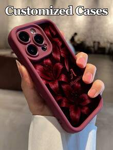 1pc Customizable Name And Letter Vintage Burgundy Water Drop Red Lily Pattern Phone Case, Compatible With IPhone 18 Pro Max/17 Air/16E/15/14 Plus/13/12/11/6/7/XR/XS Max, Made Of TPU Material, Fashionable Burgundy Skin-Feel Soft Shell, Full Coverage Anti-Drop Phone Protective Case, Personalized Anti-Drop, Perfect Gift For Family And Friends - Burgundy - View 4