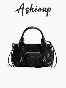 Women's PU Leather Shoulder Bag With Top Zipper Pocket And Buckle, Vintage Handbag With Adjustable Long Strap For Crossbody Wear, Everyday Tote - Black - View 6