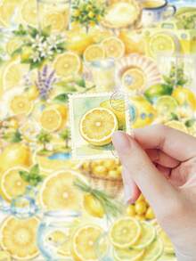 53Pcs Aesthetic Watercolor Lemon PET Stickers, Waterproof Summer Citrus Fruit Decals, Journaling Scrapbook Sticker Set For Water Bottles Laptops Phone Cases Teens Girls - Lemon - View 3
