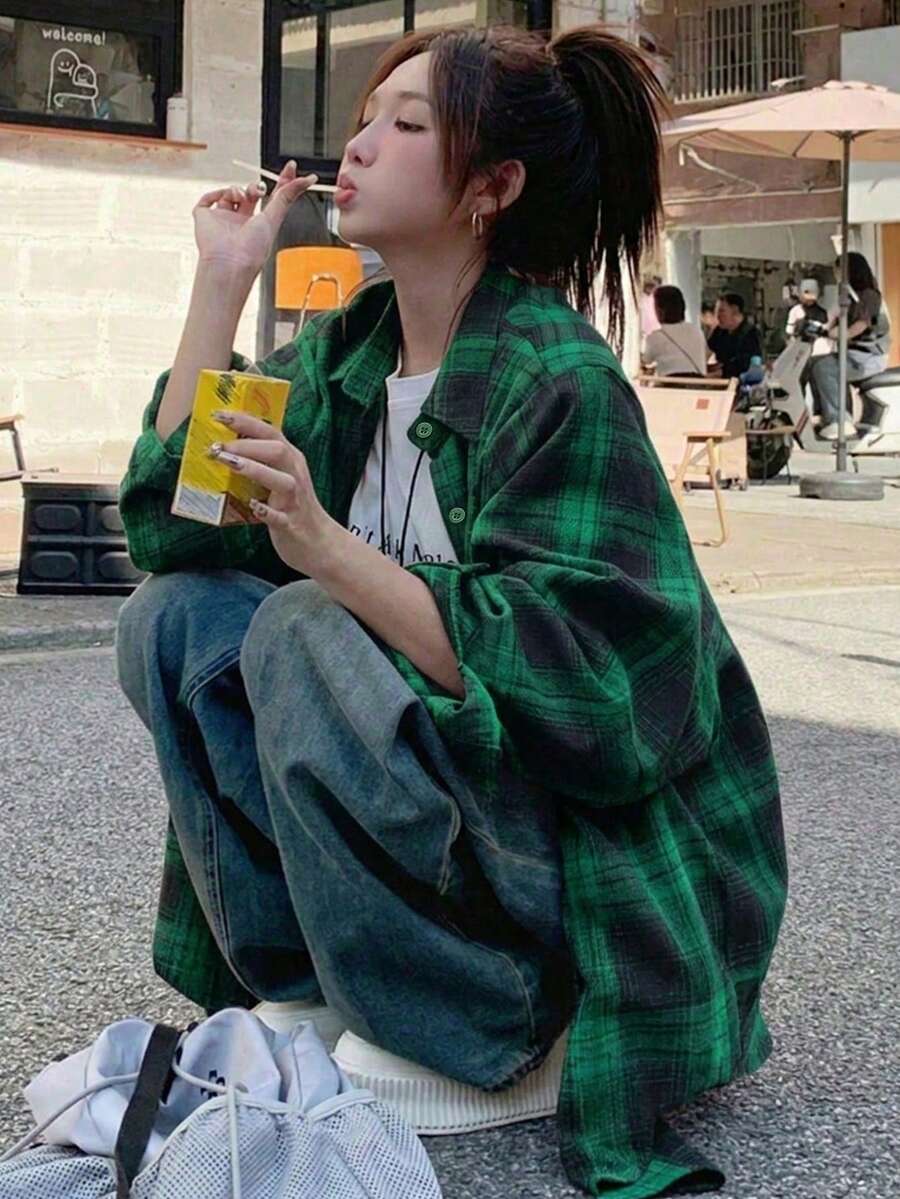 女款格紋長袖襯衫,初秋外套,寬鬆上衣 - 黑綠格紋 - 查看 1
