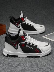 Men's Personalized Colorblock High-Top Casual Shoes With Letter Basketball Logo Decor, Street Style Thick Sole Versatile Skate Shoes For Students - White and Black - View 2