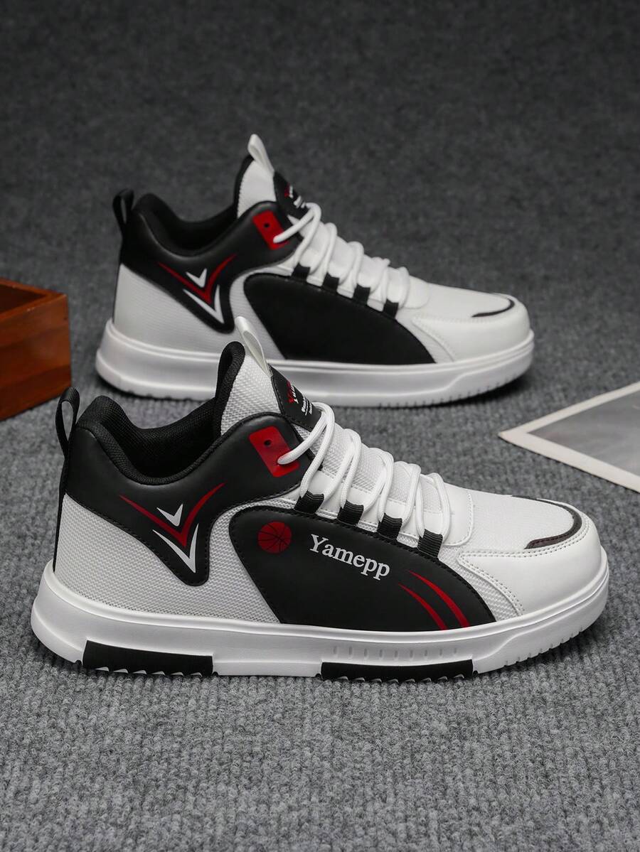 Men's Personalized Colorblock High-Top Casual Shoes With Letter Basketball Logo Decor, Street Style Thick Sole Versatile Skate Shoes For Students