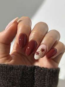 24pcs Autumn/Winter Retro Y2K Style Solid-Color Maple Leaf Press-On Nails – Medium Almond Shape; Suitable For Daily Wear Or Elegant Dates. - Multicolor - View 2