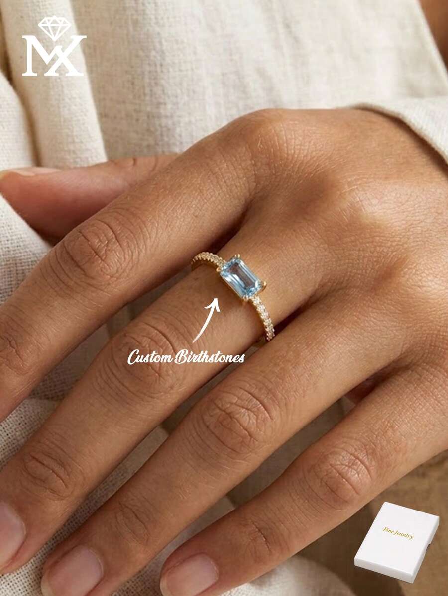 Women's Customized Birthstone Ring, Copper Inlaid Rectangular Cubic Zirconia, Exquisite Pave Side Stones Thin Band, Stackable For Daily Wear, Fashion Jewelry Gift For Birthday, Anniversary, Party Occasions - Multicolor - View 1