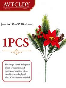 6pcs Christmas Red Artificial Flower Bouquet, Includes Red Berries, Pine Needles And Floral Decor, Suitable For Christmas Tree, Porch Entrance, Fireplace, Tabletop Centerpiece, Living Room And Office - Multicolor - View 13