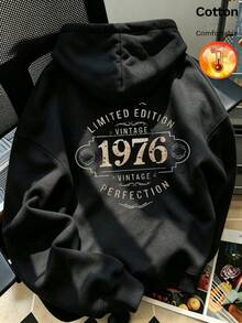 Men's Fleece Hooded Sweatshirt, Back Printed With "LIMITED EDITION VINTAGE 1976 VINTAGE PERFECTION" And Decorative Pattern, Y2K Style, Autumn/Winter - Black - View 2