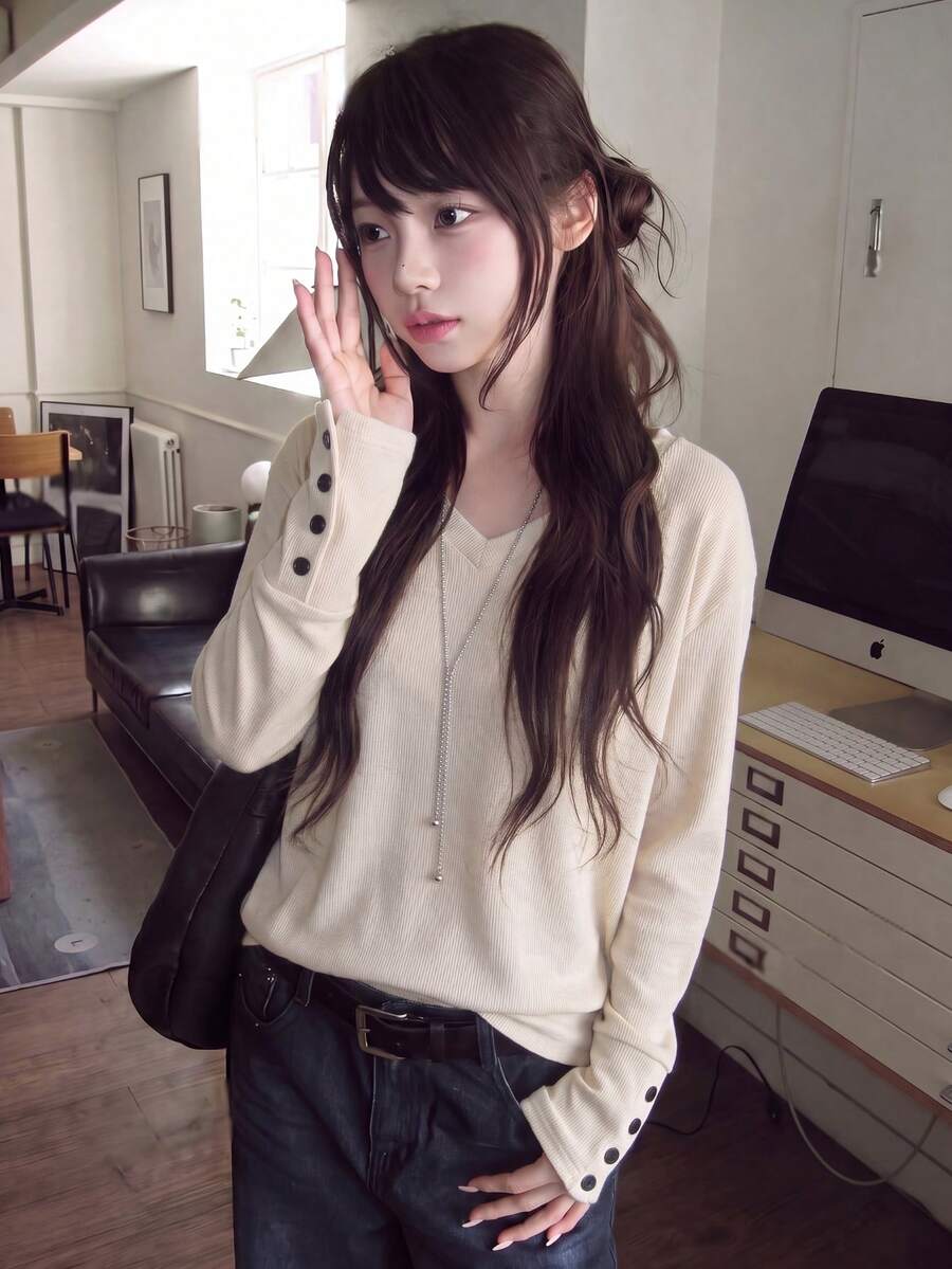 V領針織套頭上衣,袖口鈕扣設計,休閒風 - 杏色 - 查看 1