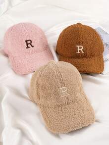 Winter Plush Warm Baseball Cap With Letter R, Fashionable Versatile Face-Slimming Baseball Cap - A - View 5