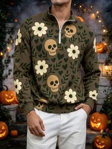 Men's Halloween Vintage Skull & Floral All-Over Print Half-Zip Stand Collar Sweatshirt - Multicolor - View 1